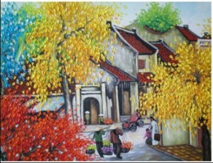 Bức tranh sơn dầu với khu phố cổ nhộn nhịp ở Hà Nội
